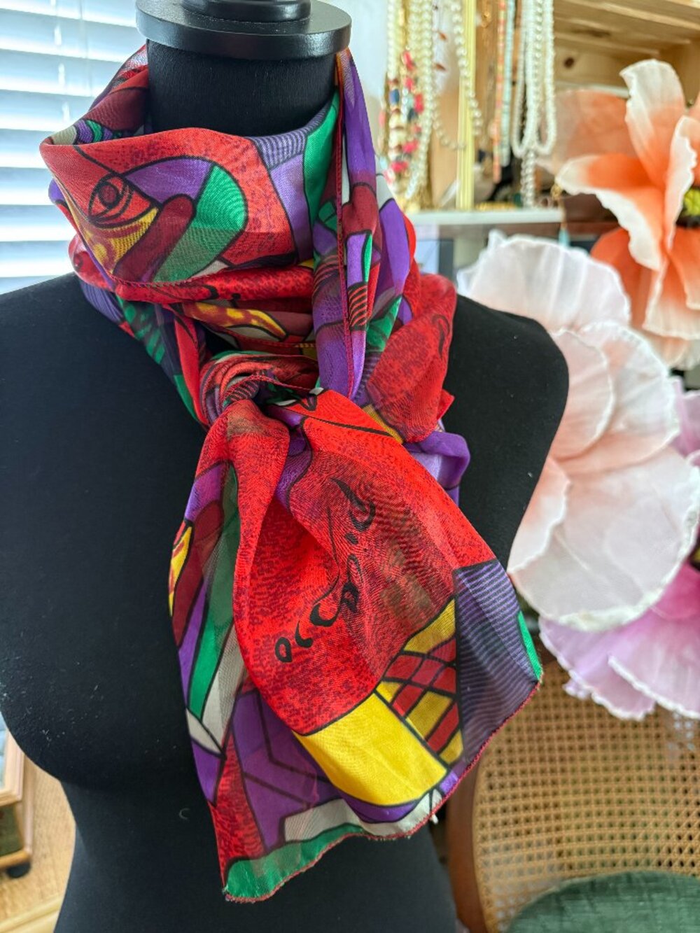 Vintage 80s/90s Picasso Style Cubist Art Oblong Abstract One Eyed Jack Scarf